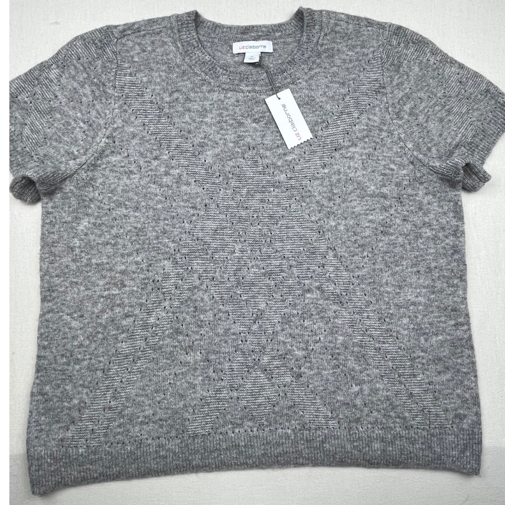 Liz Claiborne Gray Short Sleeve Pointelle Argyle Knit Sweater XL NWT